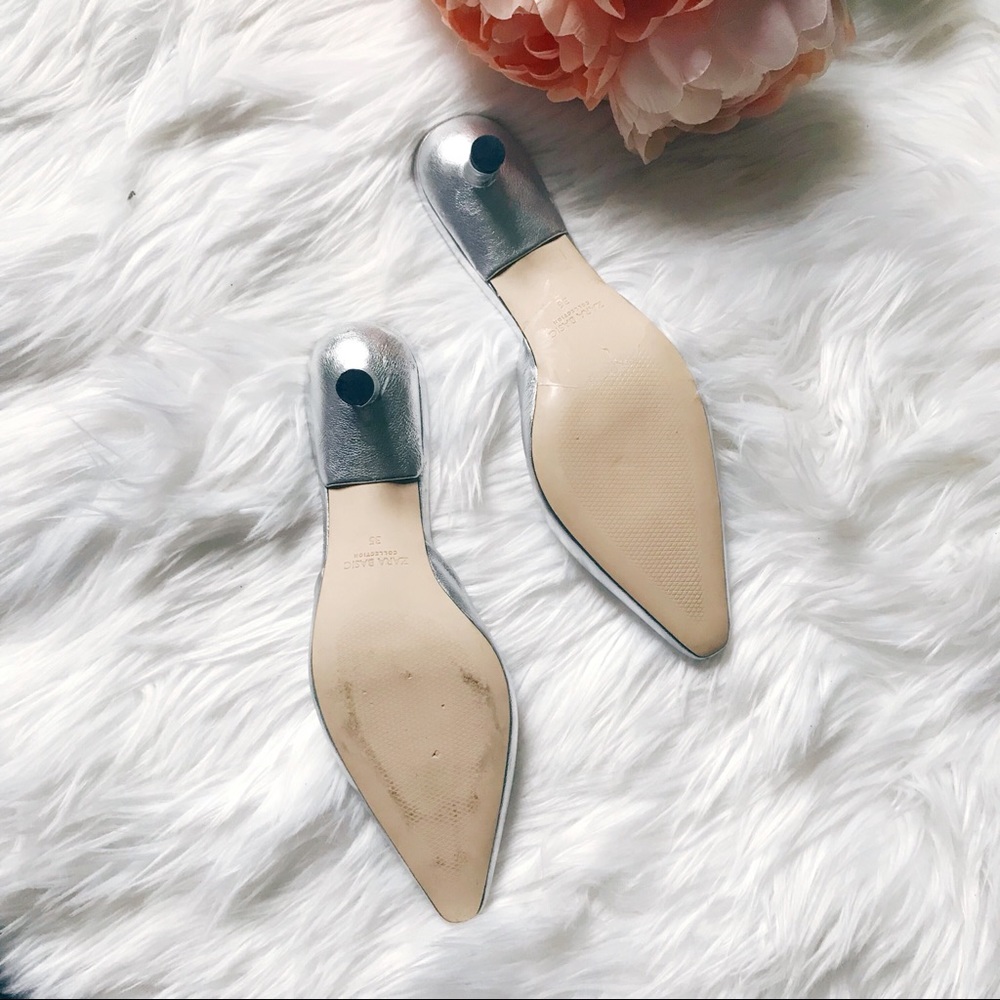 NWOT Zara Silver Metallic Slip On Mules Heels - Picture 5 of 6